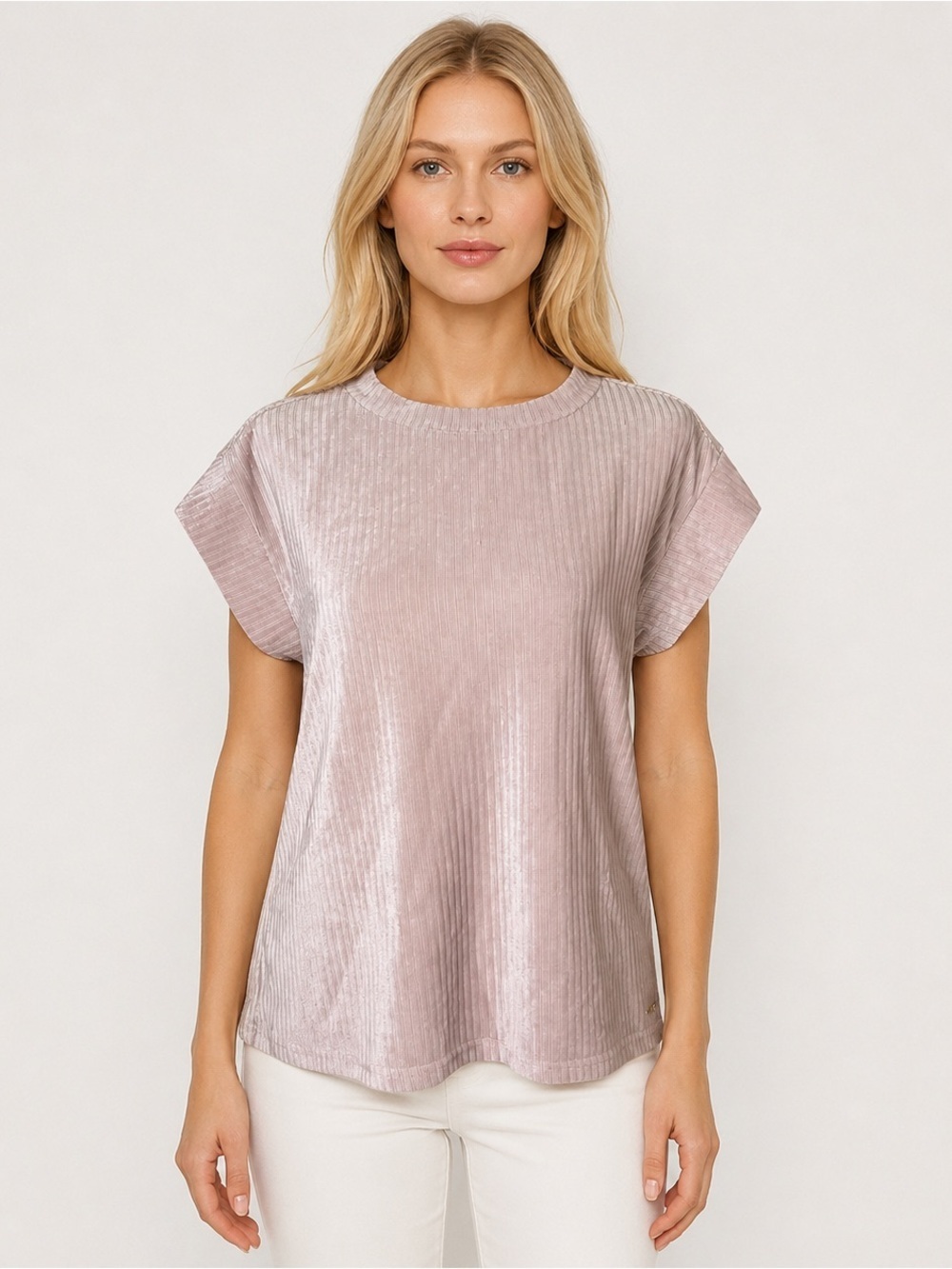 BCBGMAXAZRIA Velour Ribbed Short Sleeve Top Blush Lilac Boxy Sz S Stretch Casual